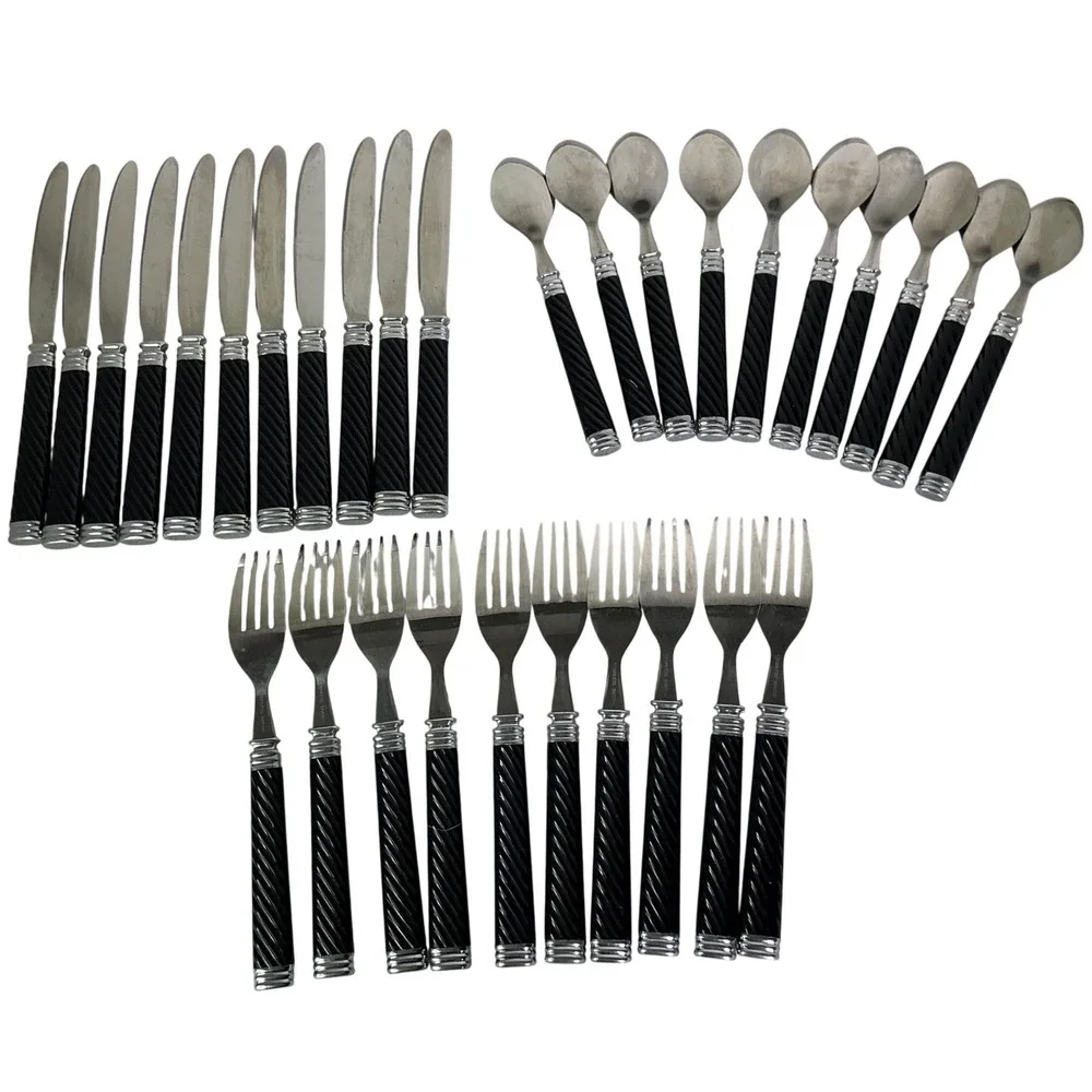 Vtg Stainless Taiwan Black Spiral Handle Flatware Set 30 Knives Forks Spoon MCMs